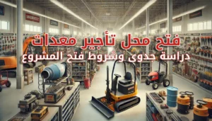 صورة رقمية لداخل متجر تأجير المعدات، يظهر المتجر منظمًا بشكل احترافي مع مجموعة متنوعة من المعدات مثل الآلات الثقيلة الصغيرة مثل الحفارات والمعدات الصغيرة مثل المثاقب والمناشير. تم ترتيب المعدات بعناية على الرفوف والأرضية لتسهيل تصفح العملاء. يبرز الضوء الساطع على المعدات في أجواء نظيفة وأنيقة، مع وجود مساحات واسعة وممرات واضحة لتسوق العملاء. هذه الصورة تمثل بيئة العمل المثالية لمتاجر تأجير المعدات، مع تركيز على المعدات الصناعية وآلات البناء وأدوات الحفريات، مما يعكس الترتيب المهني والعناية بالتفاصيل في مكان مخصص لتأجير الآلات الثقيلة.