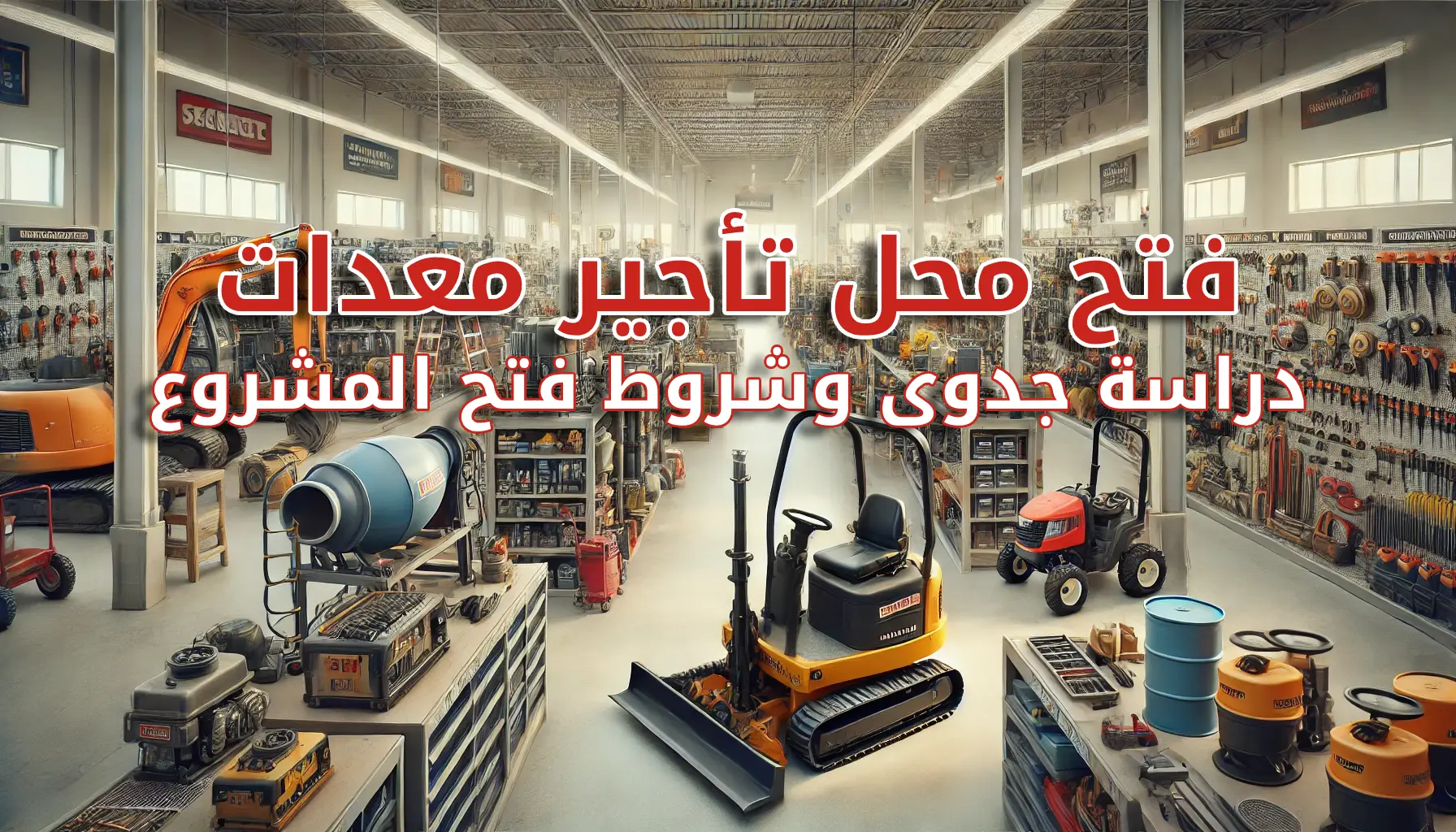 صورة رقمية لداخل متجر تأجير المعدات، يظهر المتجر منظمًا بشكل احترافي مع مجموعة متنوعة من المعدات مثل الآلات الثقيلة الصغيرة مثل الحفارات والمعدات الصغيرة مثل المثاقب والمناشير. تم ترتيب المعدات بعناية على الرفوف والأرضية لتسهيل تصفح العملاء. يبرز الضوء الساطع على المعدات في أجواء نظيفة وأنيقة، مع وجود مساحات واسعة وممرات واضحة لتسوق العملاء. هذه الصورة تمثل بيئة العمل المثالية لمتاجر تأجير المعدات، مع تركيز على المعدات الصناعية وآلات البناء وأدوات الحفريات، مما يعكس الترتيب المهني والعناية بالتفاصيل في مكان مخصص لتأجير الآلات الثقيلة.