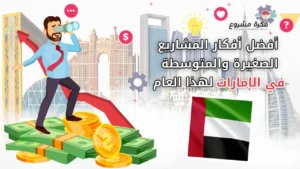 أفضل أفكار المشاريع الصغيرة والمتوسطة في الإمارات هذا العام - تصميم لرجل أعمال يقف على أموال مع سهم نمو في الخلفية وعلم الإمارات في المقدمة.