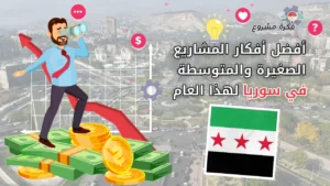 أفضل أفكار المشاريع الصغيرة والمتوسطة في سوريا هذا العام - صورة رجل أعمال يقف على نقود مع سهم نمو في الخلفية وعلم سوريا في المقدمة.
