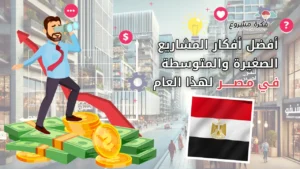 أفضل أفكار المشاريع الصغيرة والمتوسطة في مصر هذا العام - صورة توضح رجل أعمال على أموال مع سهم نمو في الخلفية، وعلم مصر في المقدمة.