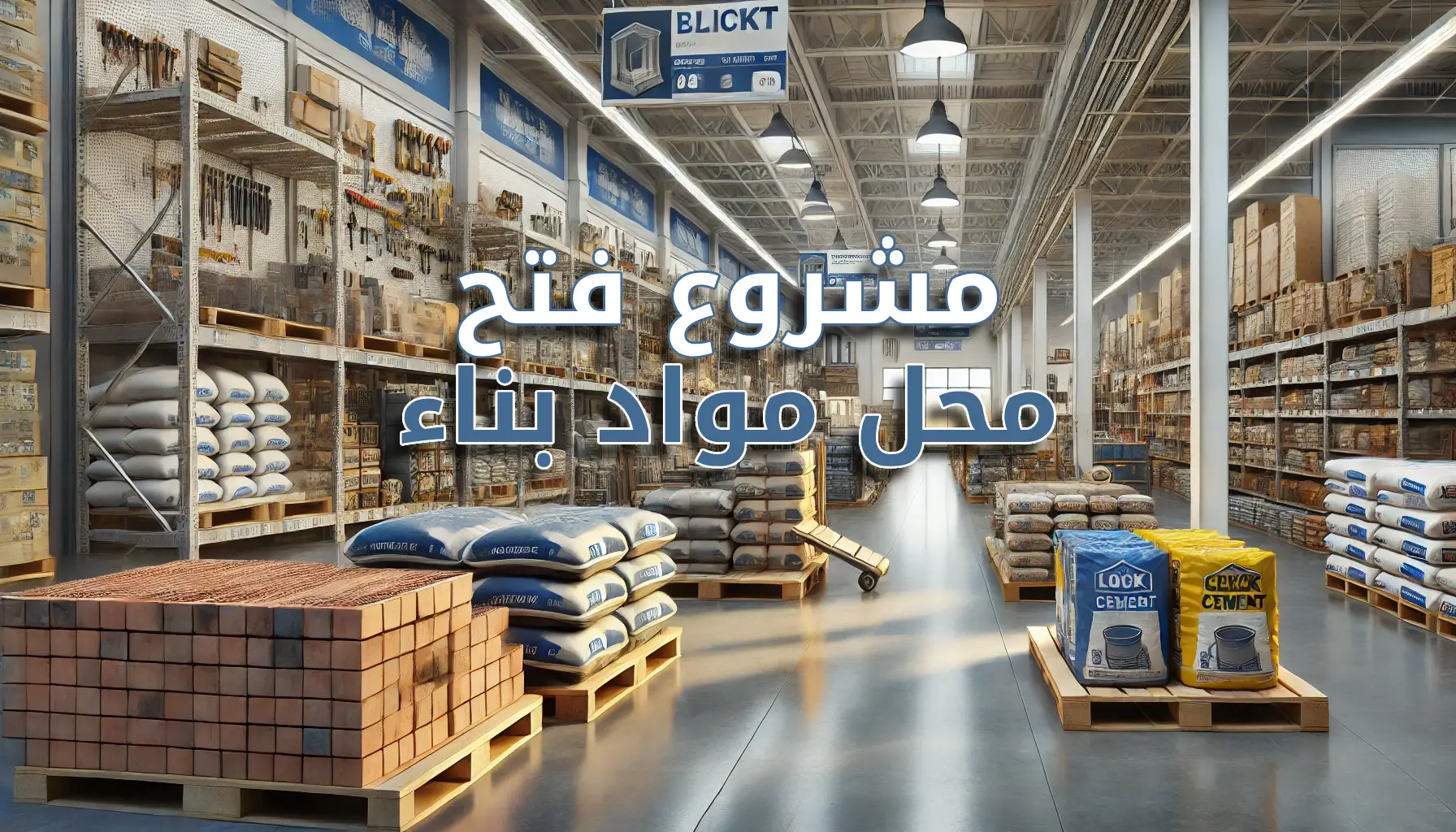 صورة داخلية لمحل مواد بناء مع تنظيم ممتاز وعرض للمواد مثل الطوب، أكياس الأسمنت، و الأدوات المختلفة. مكتوب على الصورة "فتح مشروع محل مواد بناء" وتعرض ترتيباً منظمًا للمواد مع أرفف مليئة بالمواد الصغيرة مثل المسامير و الأسلاك الكهربائية، في جو احترافي مع إضاءة ساطعة وأرضية من الخرسانة اللامعة. تمثل الصورة محل مواد بناء ناجح يركز على تنظيم المتجر وجودة المنتجات.