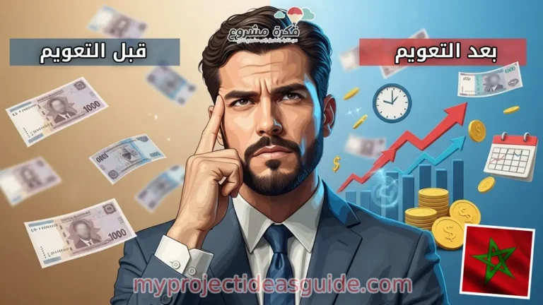 A smart investor in Morocco thinking carefully, finger on temple in a 'thinking' pose, Moroccan Dirhams floating around, background split into two halves: left side showing 'before currency float' scenario with calm/neutral colors, right side showing 'after currency float' with slightly chaotic but profitable financial symbols, arrows indicating growth/profit, clock or calendar symbol showing 'right timing', emphasis on financial planning and smart investment, vibrant and clear colors, cinematic lighting, professional illustration, high detail, suitable for a website thumbnail