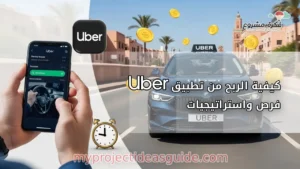 Thumbnail image for an article about earning from the Uber app. The image should feature a modern Uber car, like a sedan or SUV, driving through an Moroccan city. In the foreground, show a driver holding a smartphone with the Uber app open in Left of image. Add money or currency symbols around the car to symbolize earnings. Use bright, vibrant colors, with a focus on Uber’s blue and yellow. Incorporate a time symbol to highlight the importance of timing in maximizing earnings. The image should be professional, eye-catching, and convey the idea of profitable opportunities with Uber