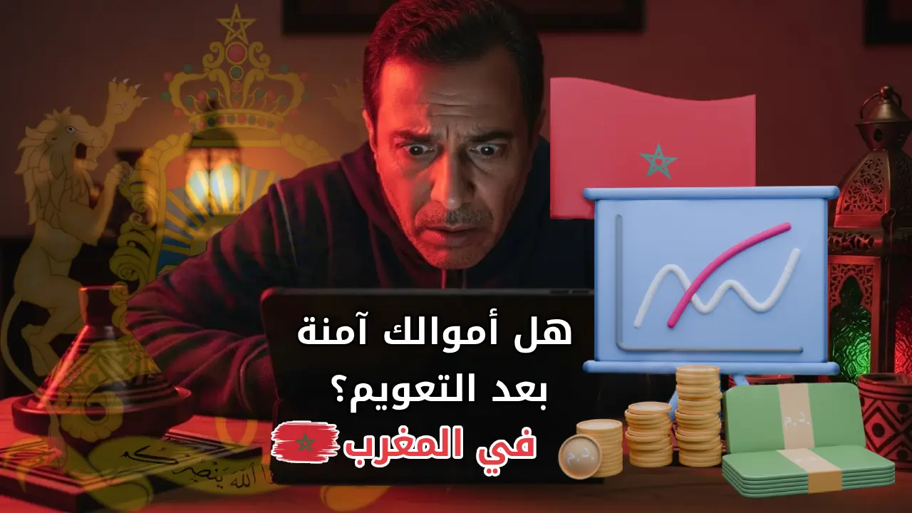 A worried middle-class Moroccan person looking at a fluctuating currency chart on a tablet or phone, sitting at a modest home desk with Moroccan decor elements, soft dramatic lighting, subtle tension in the atmosphere, realistic style, cinematic mood, focus on facial expression of concern and surprise, no text on the image