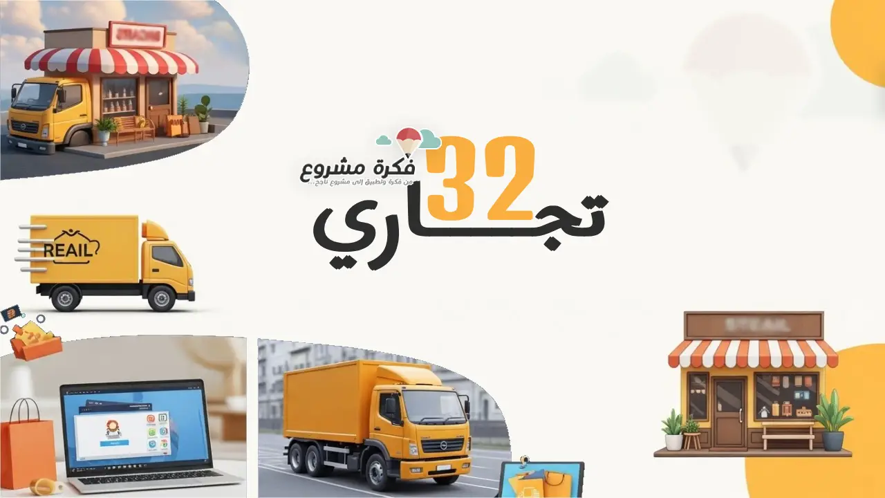 صورة بخلفية بيضاء تضم مجموعة من المتاجر الصغيرة وشاحنات التوصيل وأيقونات التسوق عبر الإنترنت مع لابتوب، تمثل مشاريع المحلات والتوزيع والتجارة الإلكترونية، مع عنوان مكتوب: 32 فكرة مشروع تجاري.