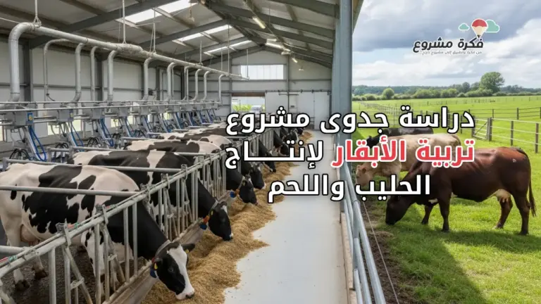 Professional realistic image showing dairy cows and beef cattle in a modern farm setting, representing a feasibility study of cattle farming for milk and meat production, clean barn, green pasture, natural lighting, high detail, no text