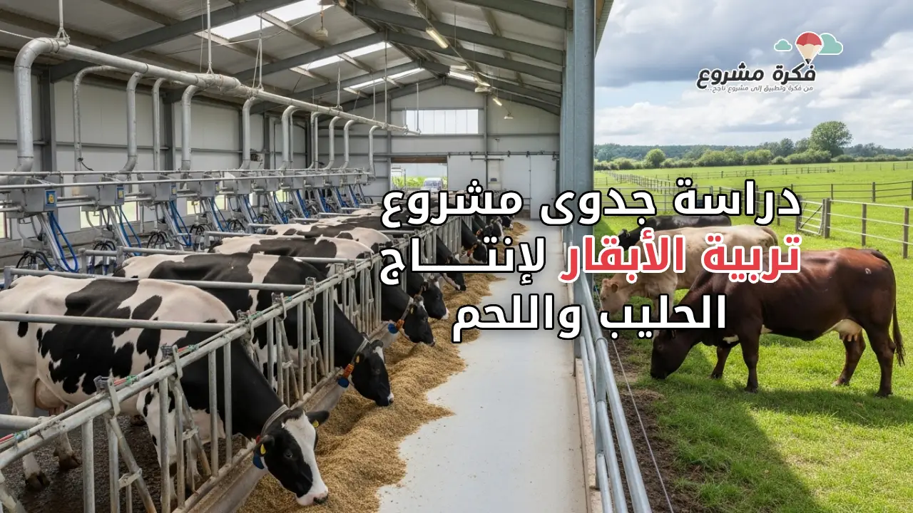 Professional realistic image showing dairy cows and beef cattle in a modern farm setting, representing a feasibility study of cattle farming for milk and meat production, clean barn, green pasture, natural lighting, high detail, no text