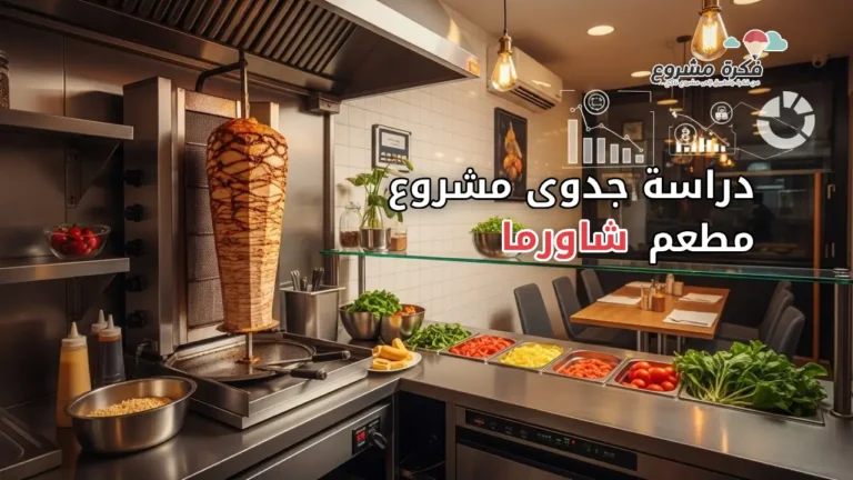 A modern, professional thumbnail for an article about a shawarma restaurant feasibility study. Show a clean small shawarma restaurant interior with a vertical shawarma spit, fresh ingredients, and a counter. Include a subtle business and investment concept: charts or icons symbolizing profit and growth. Style: realistic, high quality, warm lighting, Middle Eastern food atmosphere. no people, no logos, with text "دراسة جدوى مشروع مطعم شاورما".