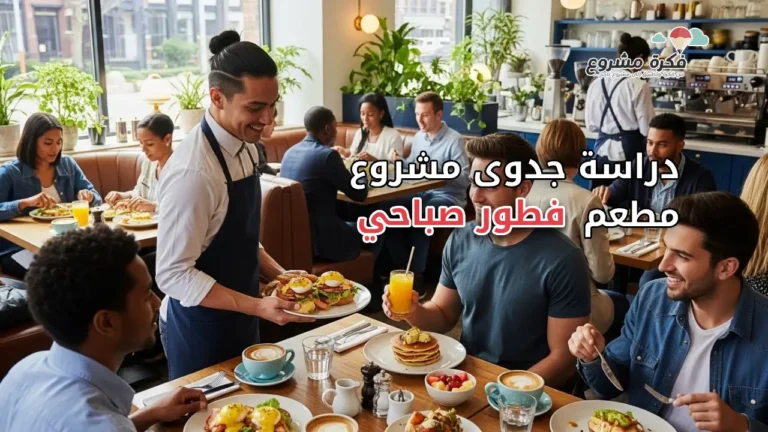 A modern and inviting breakfast classic restaurant scene, showing a cozy interior with customers enjoying morning meals, plates with sandwiches, fresh juice, coffee cups, bright natural light, warm colors, appealing and professional, realistic style suitable for a business article thumbnail, with text "دراسة جدوى مشروع مطعم فطور صباحي".