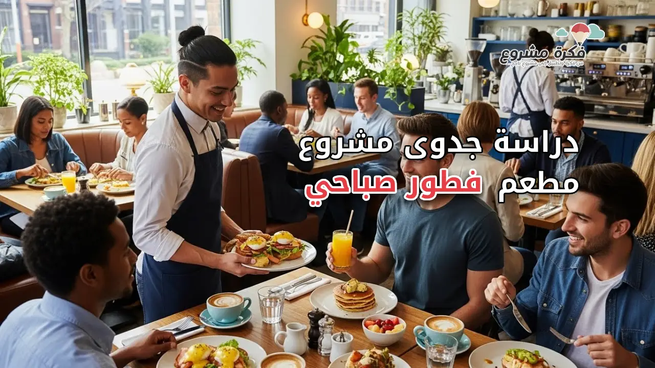A modern and inviting breakfast classic restaurant scene, showing a cozy interior with customers enjoying morning meals, plates with sandwiches, fresh juice, coffee cups, bright natural light, warm colors, appealing and professional, realistic style suitable for a business article thumbnail, with text "دراسة جدوى مشروع مطعم فطور صباحي".