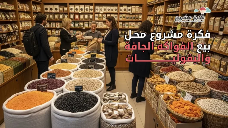 A realistic high-quality image of a small dried vegetables and legumes shop. The shop has large sacks containing lentils, chickpeas, beans, rice, and dried fruits displayed alongside neatly packaged products in small bags or boxes. Customers are browsing and purchasing in the shop, interacting with the shopkeeper. The store is organized, clean, and well-lit with warm, natural lighting, offering a professional yet welcoming atmosphere. Suitable for a business blog article, with text "فكرة مشروع محل بيع الخضر الجافة والبقوليات".