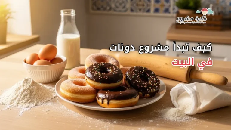 Freshly made homemade donuts on a kitchen counter with ingredients and baking tools, illustrating a step-by-step guide to starting a donut business from home. The image includes the text 'How to Start a Homemade Donut Business' and a website logo in the top-right corner.