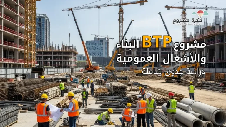 A professional and modern construction scene showing public works and building projects, including cranes, construction workers, building materials, and urban development. Bright, realistic style with clear focus on construction activity, suitable as a thumbnail for a business and investment article. with text "مشروع BTP البناء والأشغال العمومية: دراسة جدوى شاملة".