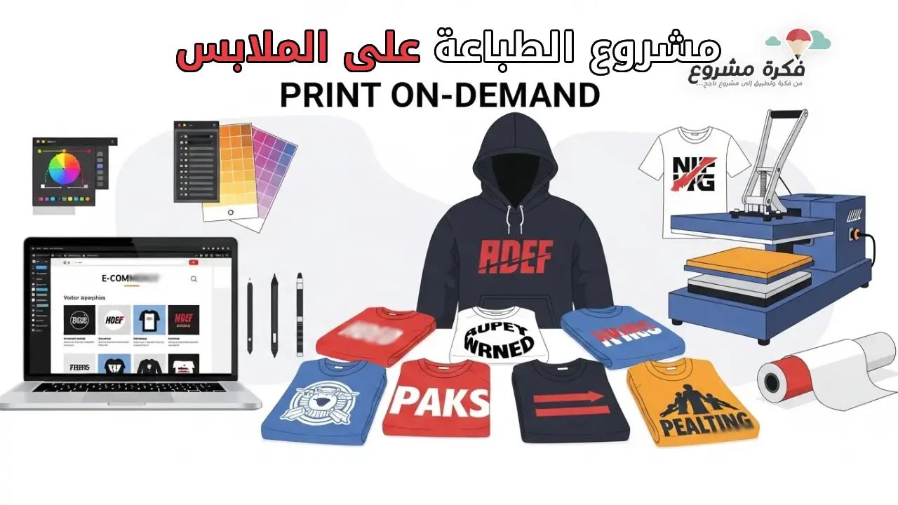 A modern flat illustration of a print on demand clothing business, featuring custom t-shirts and hoodies on display, a laptop showing an online store, design tools, and printing elements, clean background, professional digital style, with text "مشروع الطباعة على الملابس".