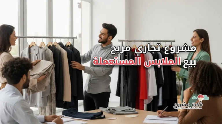 A modern, clean thumbnail image representing a used clothes business. A young Arabic entrepreneur organizing stylish second-hand clothes on a rack, including jackets, shirts, and dresses, and talk with a lot of clients with smiling. Bright natural lighting, Arabic shop or home workspace classic. 5 different Clients check products in space to buy. The clothes look trendy, clean, and well-presented (not old or damaged). Flat lay or slight angle perspective. Professional, realistic style. With text on the image "مشروع تجاري مربح بيع الملابس المستعملة Friperie".