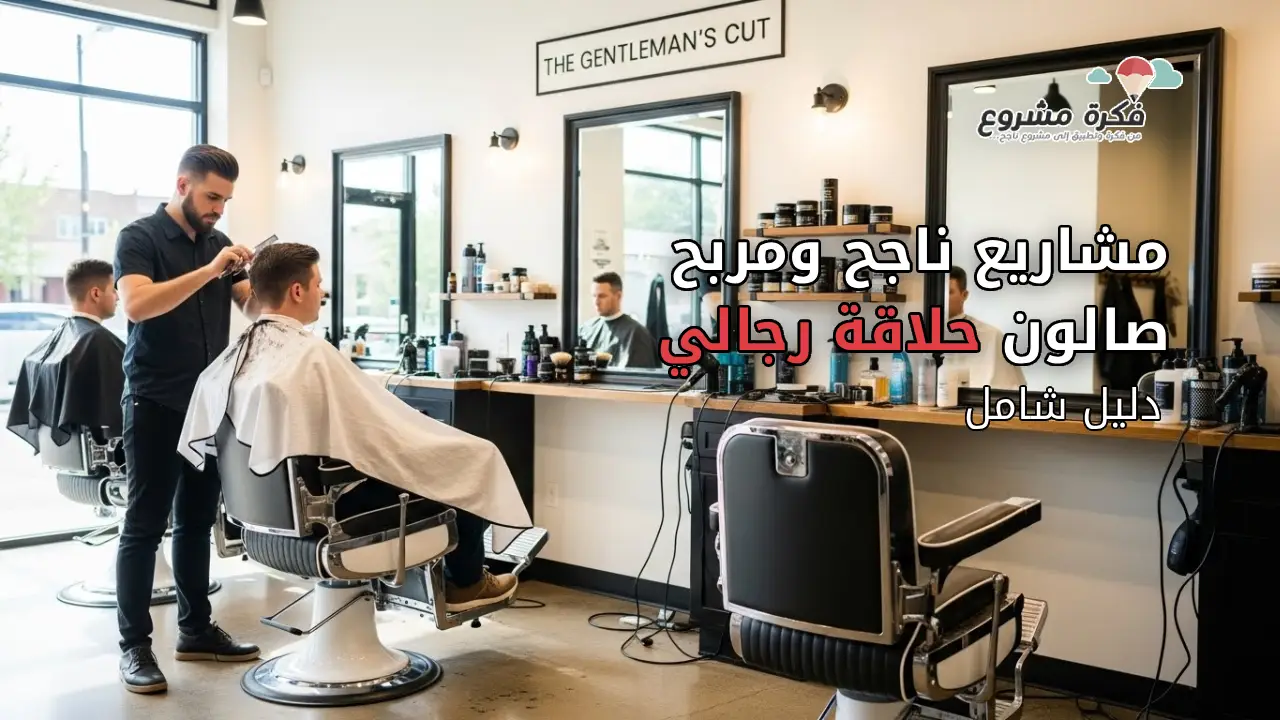 Professional men's barbershop interior, modern and clean, barber cutting hair for a male client, bright and welcoming atmosphere, realistic style, high-quality thumbnail image suitable for article on starting a barbershop business. with text "مشروع ناجح ومربح صالون حلاقة رجالي"